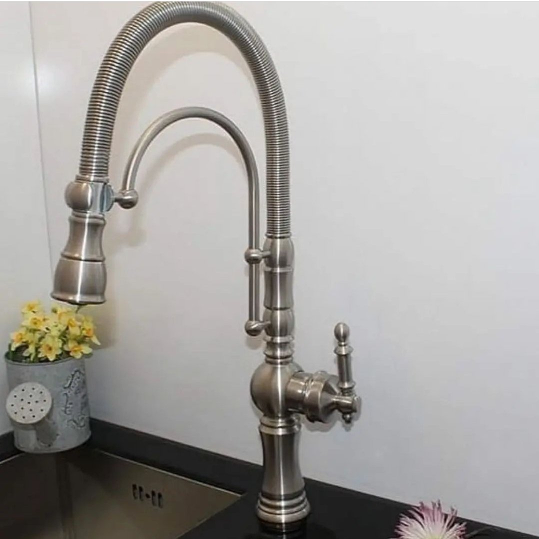 شیرالات شیر ظرفشویی فنری رنگ استیل مات جنس درجه1 و استاندارد و دارای نشان کیفیت ایزوو 9001