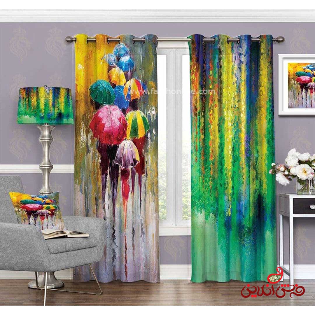 پرده طرح آبرنگی روز بارانی و چتر کد 3596