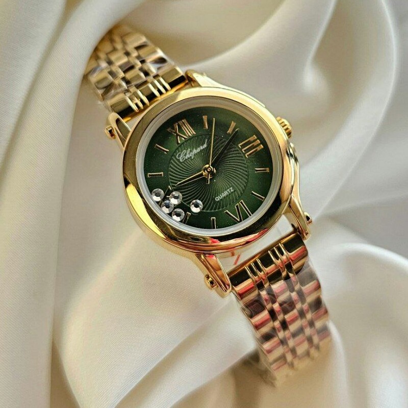 ساعت مچی زنانه بند استیل رنگ ثابت ضداب صفحه نگین شناور شوپارد دارای 6 ماه گارانتی موتور Chopard