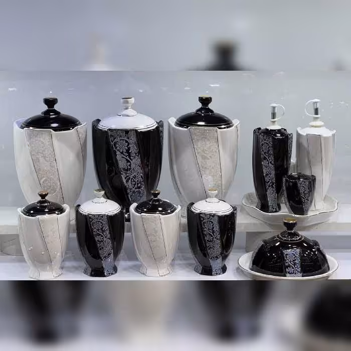 ست پاسماوری 14 پارچه مدل استیج گلدار رنگ سفید مشکی 