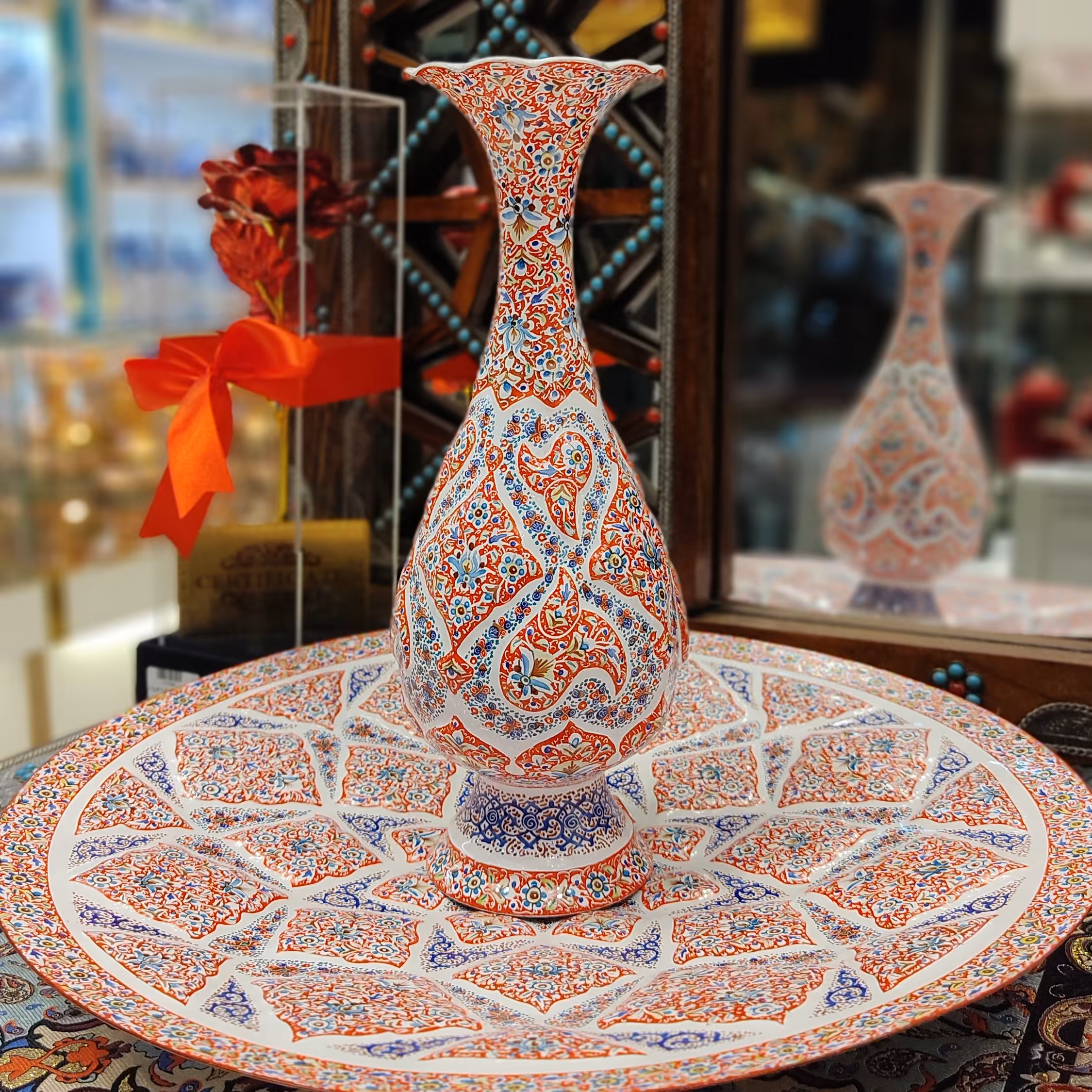 ست گلدان و بشقاب مس و میناکاری  استاد اسماعیلی