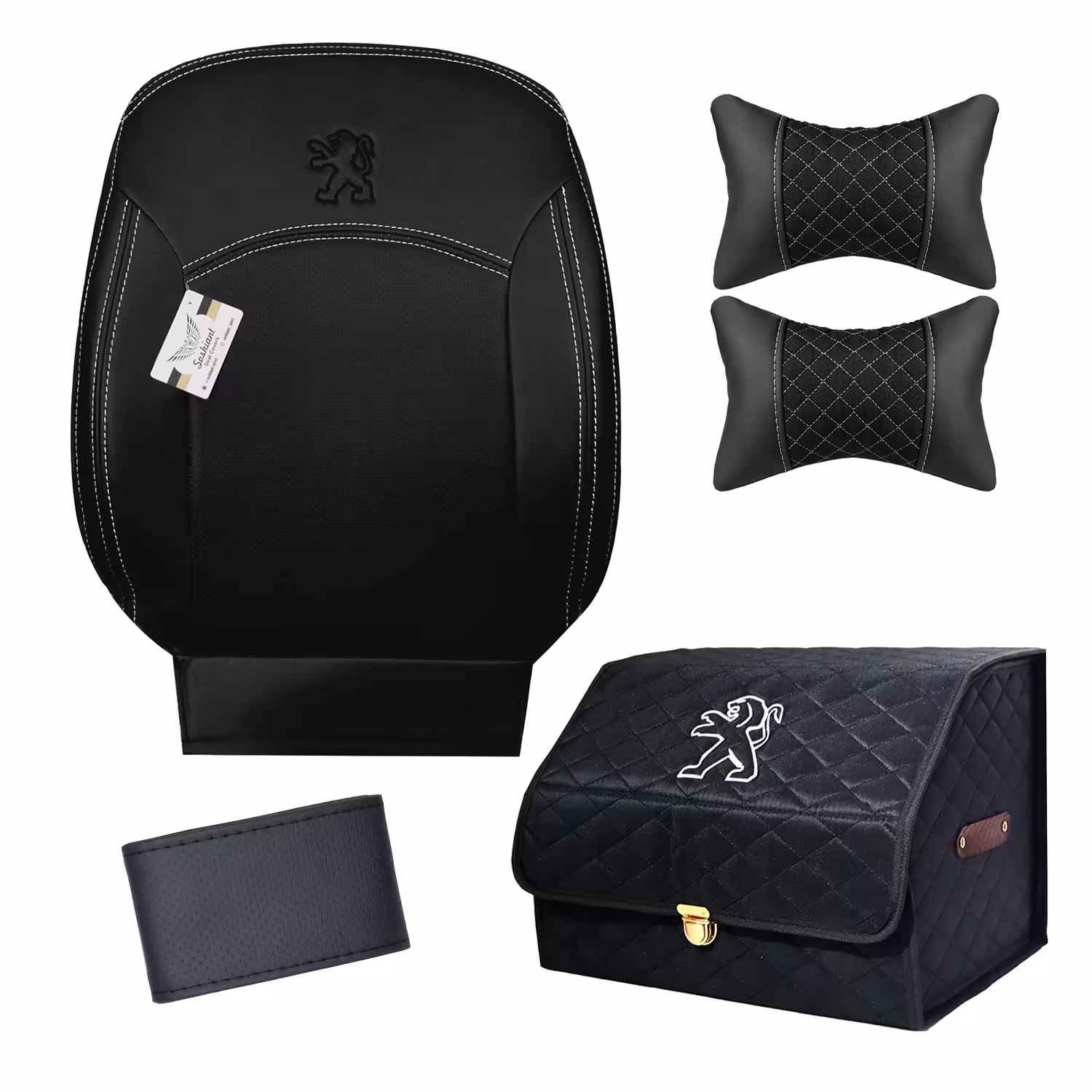 روکش صندلی چرمی خودرو سوشیانت مدل A_16 مناسب پژو 206همراه با پشت گردنی و جعبه نظم دهنده نظم دهنده و دور فرمان