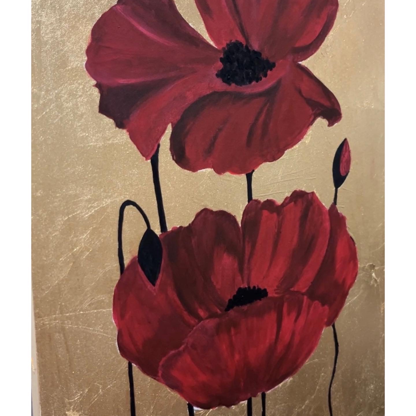 تابلو دکوراتیو گل شقایق کارشده با ورق طلا و رنگ اکلریک ابعاد 40در30