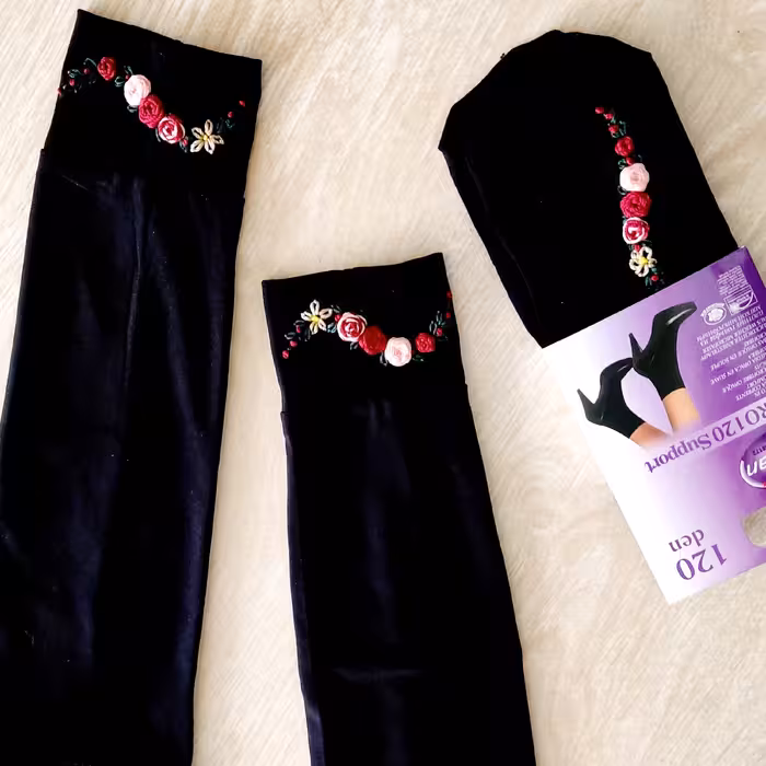 ست ساق و جوراب گلدوزی طرح بهاره رنگ زرشکی