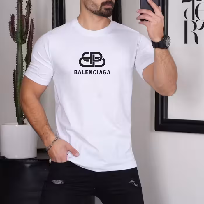 تیشرت مردانه برند بالنسیاگا رنگ سفید آستین و یقه کش سایز لارج تا 3ایکس 