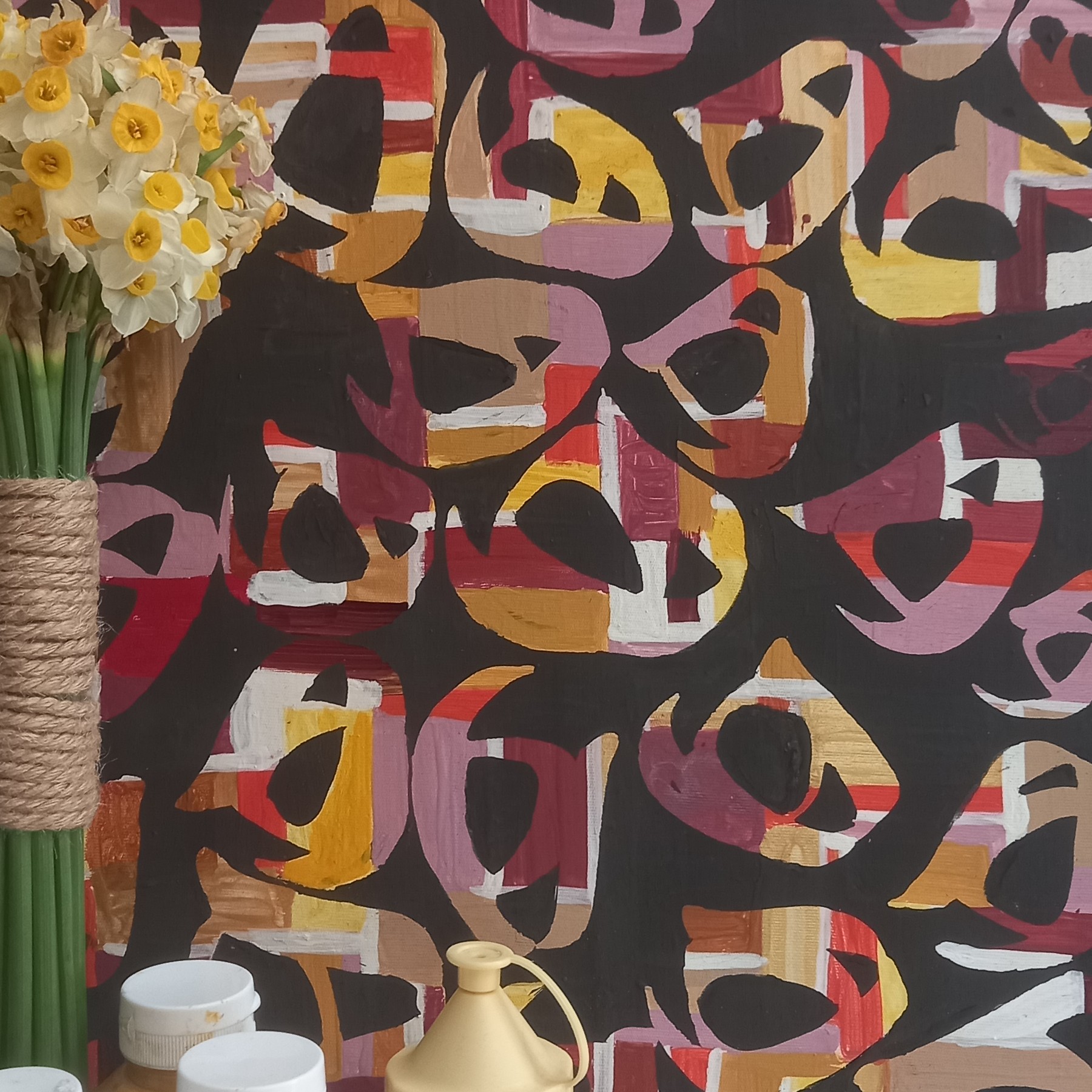 تابلوی نقاشیخط حرف ه روی بوم ، رنگ اکریلیک، تکنیک چسب میسکیت اندازه تابلو 60 در40