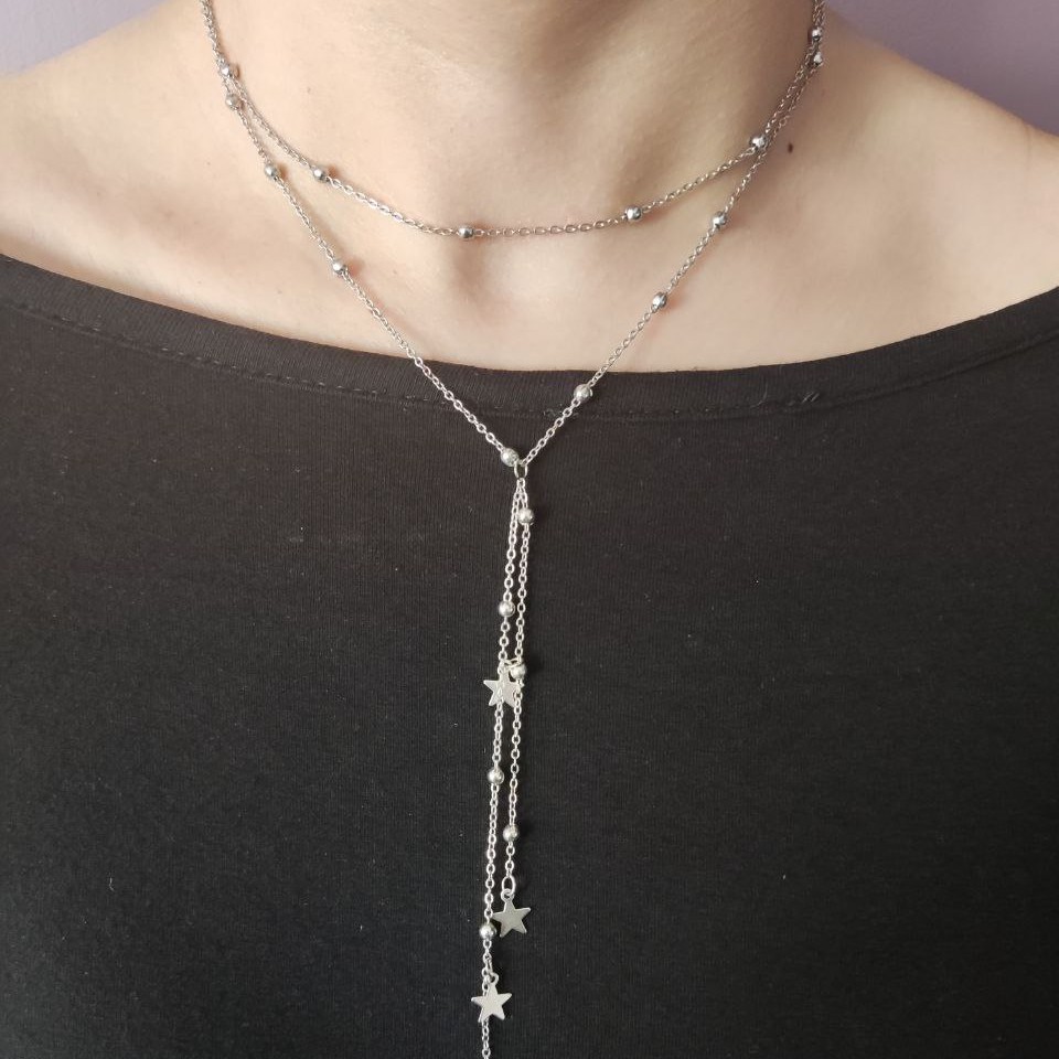 اکسسوری گردنبند دو ردیف آویز ستاره نقره ای 
