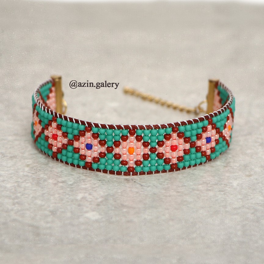 دستبند منجوق بافی دستباف با منجوق اصل ژاپنی و قطعات صددرصد استیل و رنگ ثابت