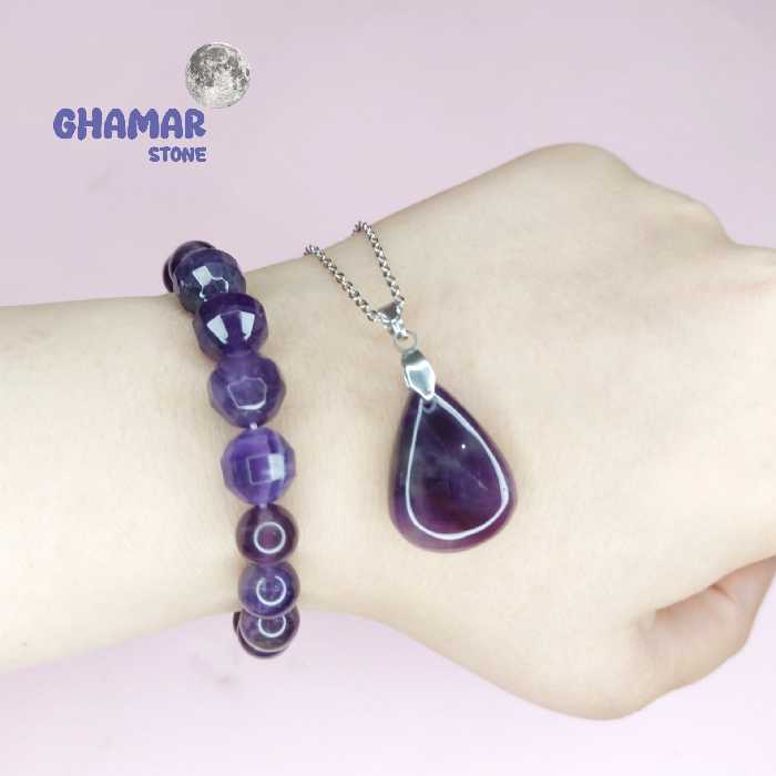 نیم ست دستبند و گردنبند سنگ آمیتیست برزیلی با زنجیر استیل 