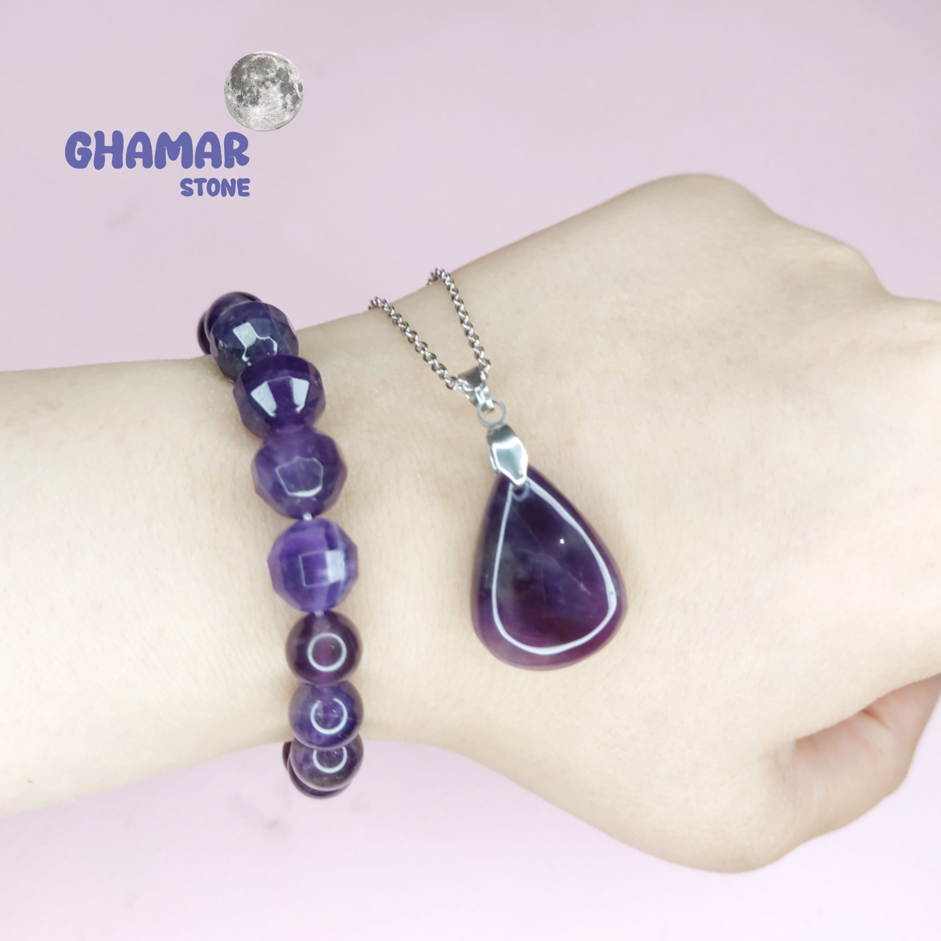 نیم ست دستبند و گردنبند سنگ آمیتیست برزیلی با زنجیر استیل 