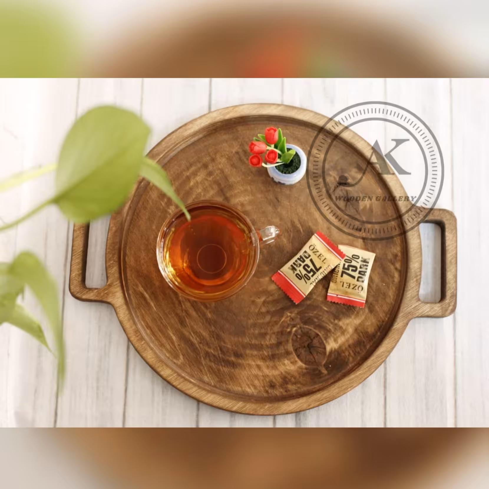 سینی چوبی دسته دار گرد سایز 30سانت