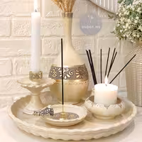 ست رومیزی شمعدان و گلدان پتینه طرح دار  اجرا با ورق طلا 