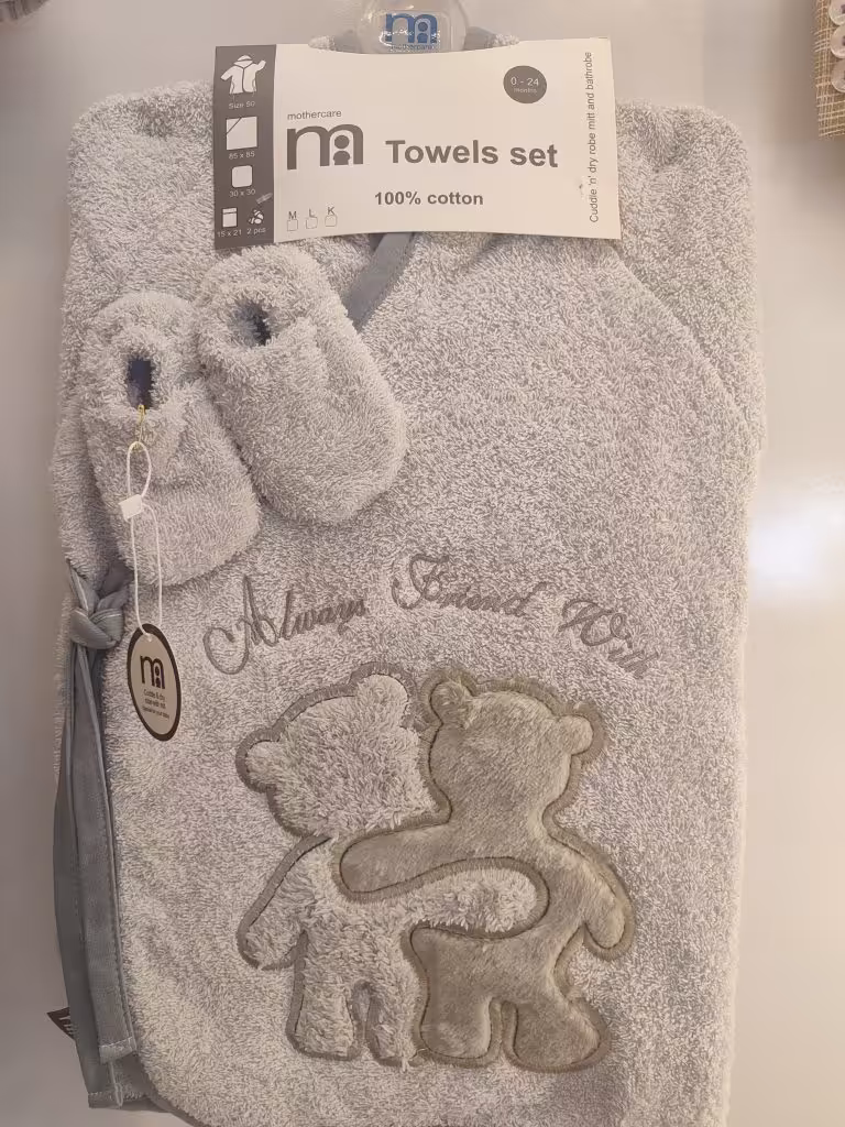 سرویس حوله نوزادی چهارتکه مادرکر 100% پنبه طرح خرس طوسی mothercare baby  Towels set 100% cotton