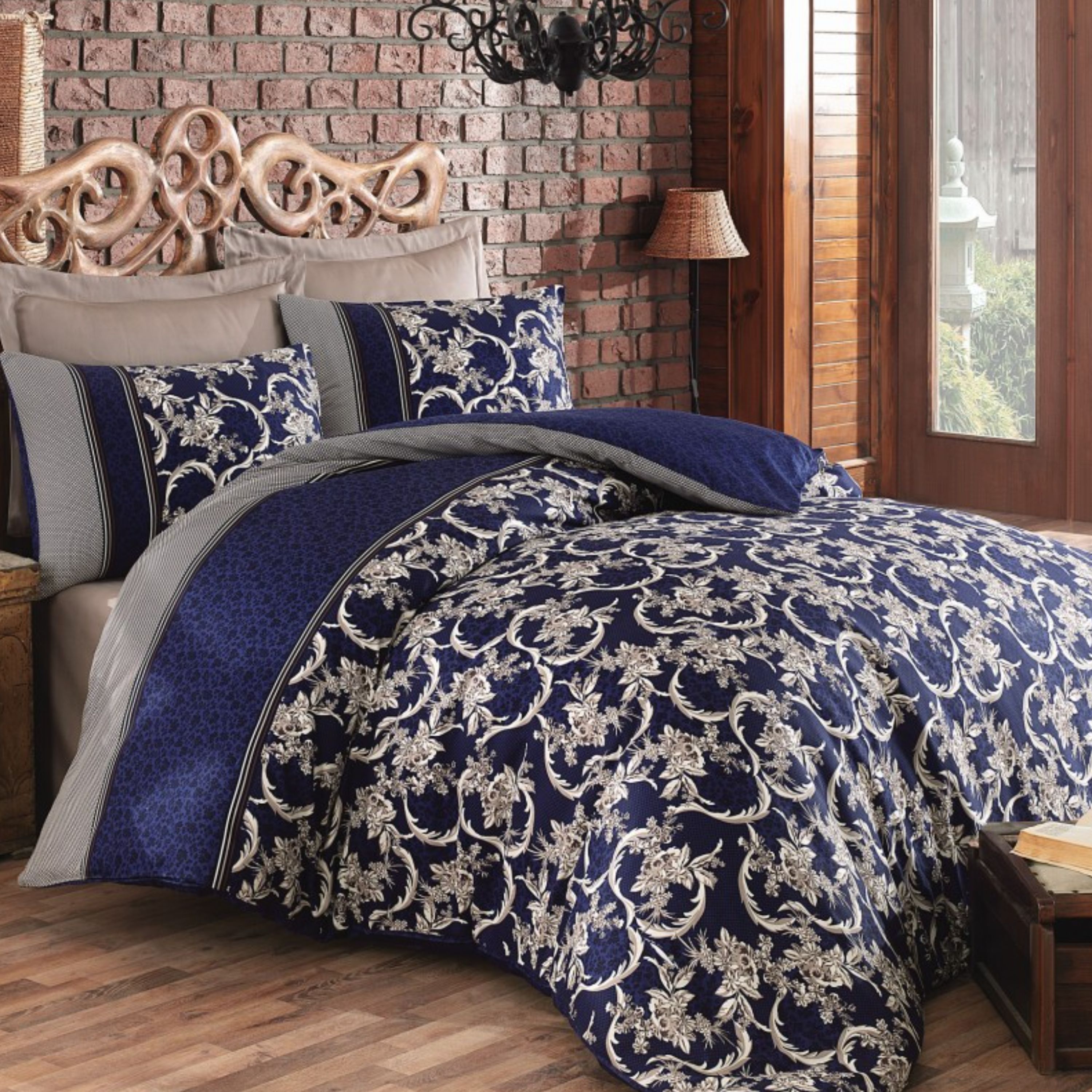 ست ملحفه کاتن باکس مدل Baskili Saten Pera Lacivert دو نفره 6 تکه