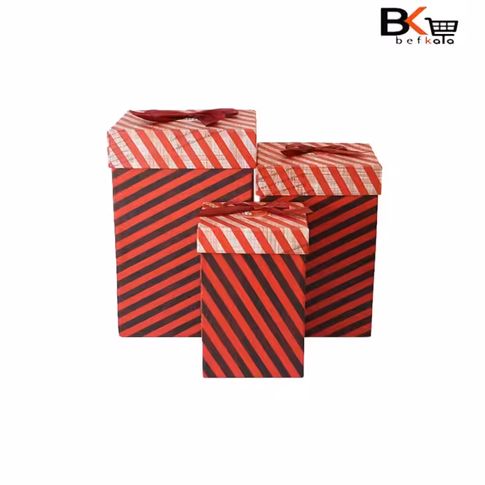 باکس کادویی مکعب مستطیلی 3 تکه ایستاده پاپیون دار راه راه کد45پک کامل