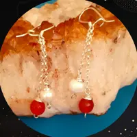 گوشواره نقره آویز مروارید پرورشی وسنگ اصل عقیق ساخت دست   