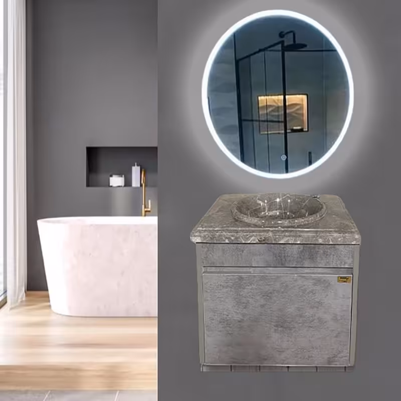 روشویی کابینتی طوسی سایز 50 با سنگ طبیعی توکار همراه آینه بک لایت گرد (پس کرایه)