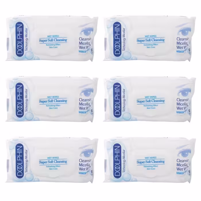 دستمال مرطوب ارایشی دلفین 60 برگ  پک 6 عددی قیمت روی جلد 49900 ت  عمده