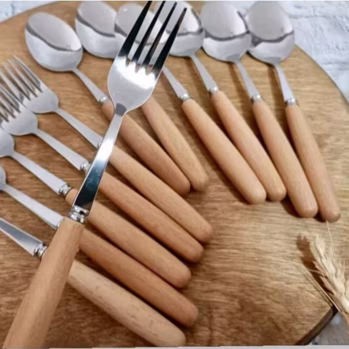 قاشق و چنگال استیل دسته چوب بامبو ست 12 تایی کیفیت عالی و بسیار شیک و پرطرفدار