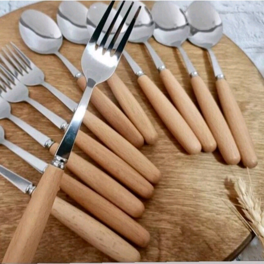 قاشق و چنگال استیل دسته چوب بامبو ست 12 تایی کیفیت عالی و بسیار شیک و پرطرفدار