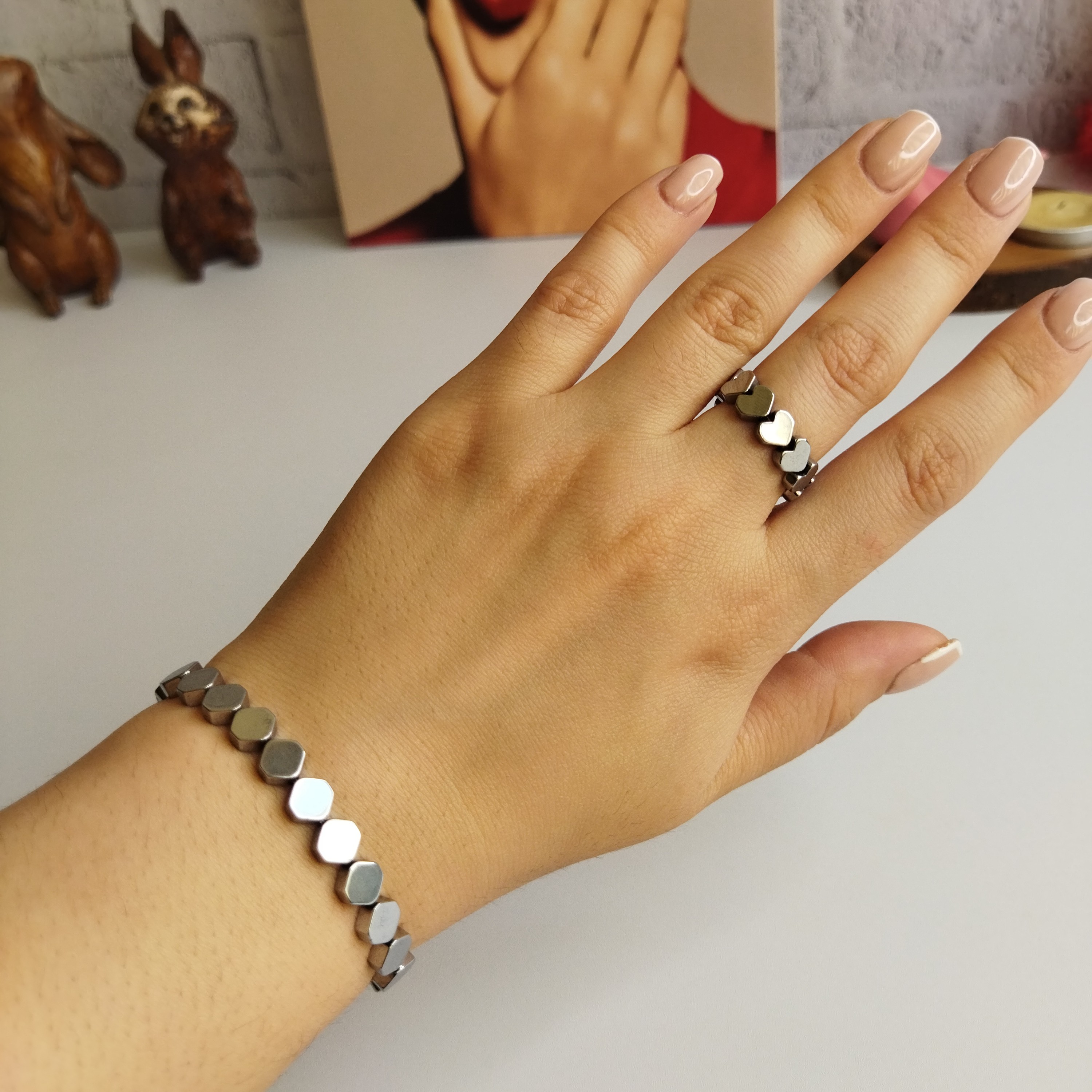 دستبند و انگشتر حدید استیل قابل سفارش در طرح و رنگ دیگر