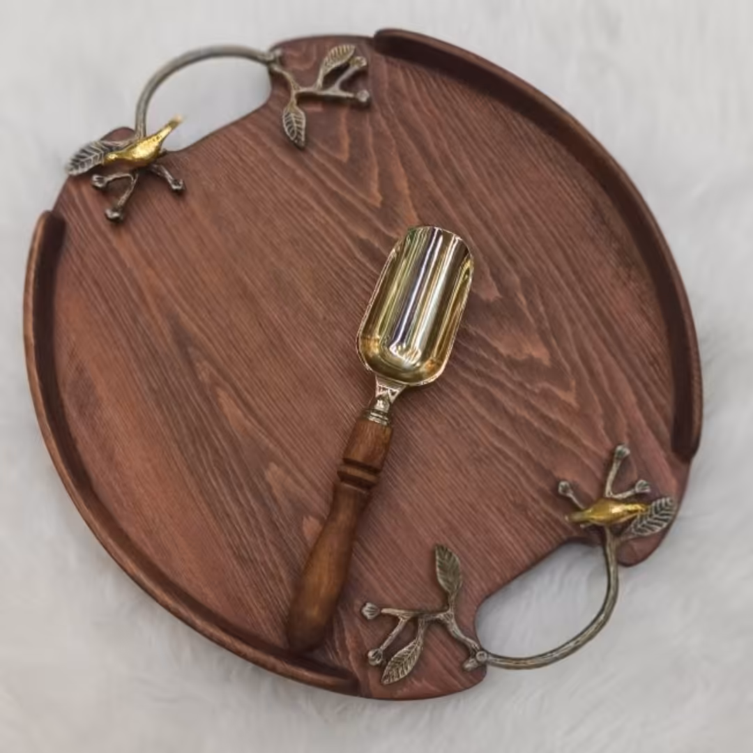 سینی های پذیرایی چوبی دسته برنجی قابل شستشو  