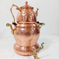 سماور و قوری  روگازی شیر دار  تمام مس زنجان کاملا دست ساز مدل چکشی و نانو شده رنگ ثابت