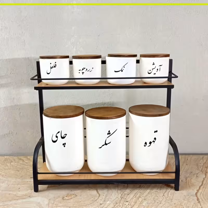 استند فلزی کف چوبی استند ادویه فلزی استند نظم دهنده بانکه استند دوطبقه فلزی آشپزخانه