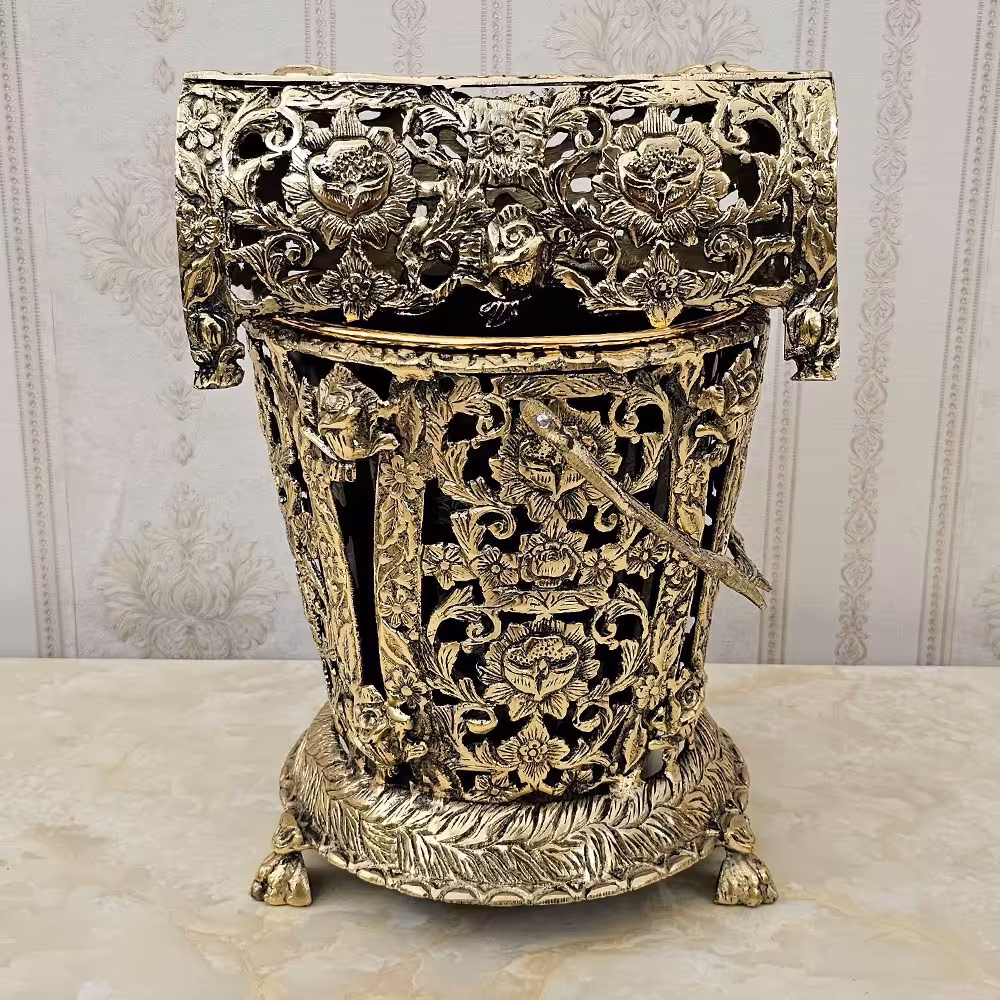 سطل و جا دستمال کاغذی برنز ( برنجی ) طرح گل رز پایه کوتاه کد 1761