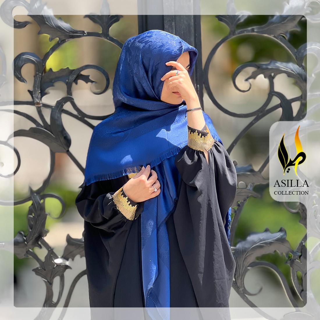 روسری ژاکارد ابریشم لمه دار 2 رو دور سوزنی رنگ سورمه ای