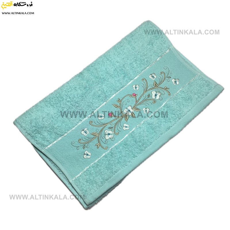 حوله دستی گلدوزی سبزآبی برند ماندگار سایز 40×80