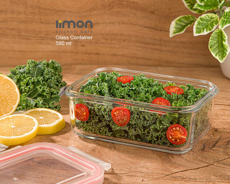 ظرف شیشه ای مستطیل دربدار 580 میل لیمون کد 2028