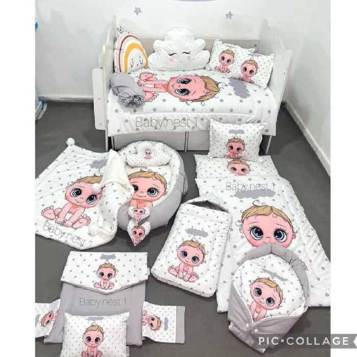 ست سیسمونی کودک( روتختی کودک کوسن تخت ست تشک لحاف بالش تشک تعویض قنداق فرنگی تشگ گارددار بالش فرم دهی پتو تدی قنداق )