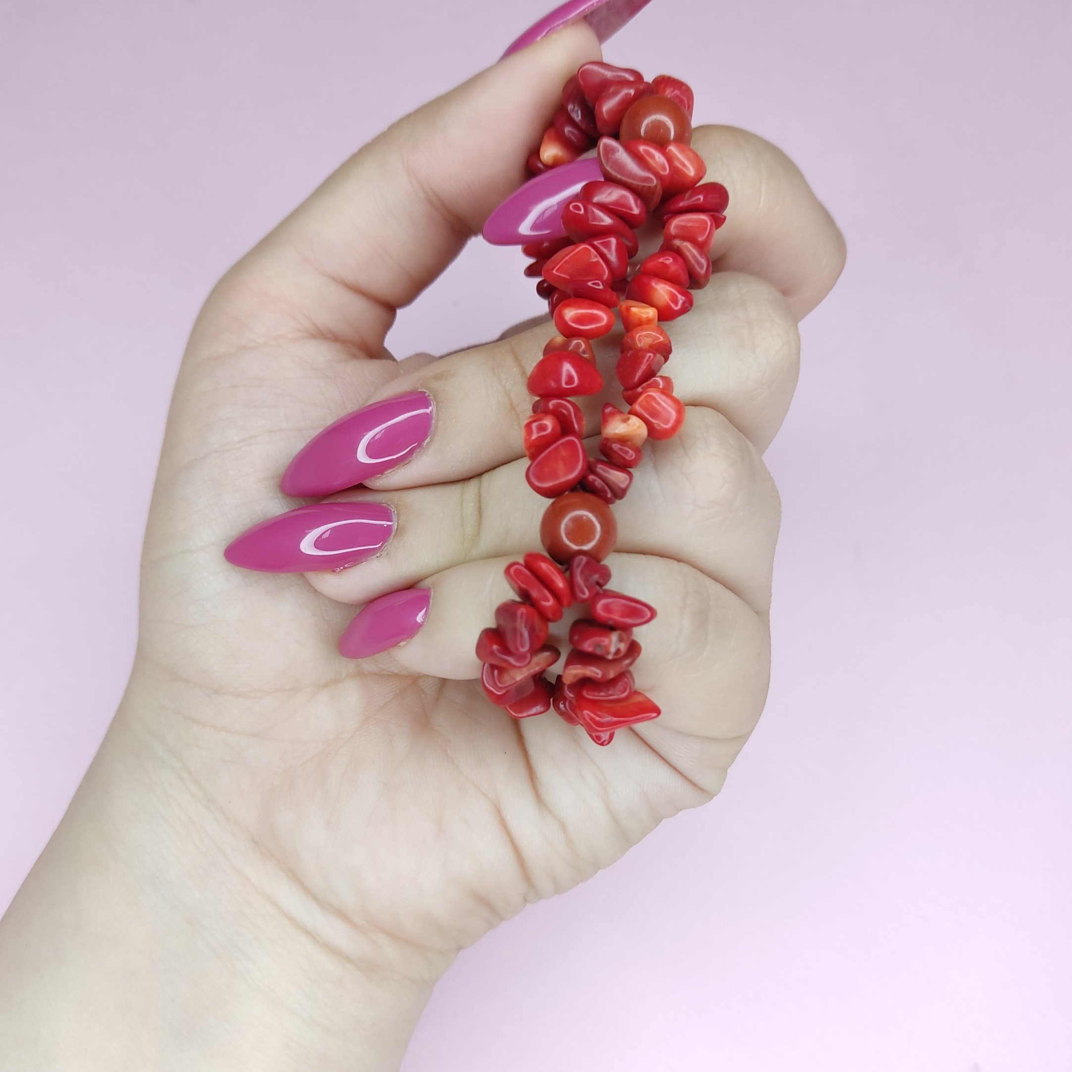 دستبند مرجان نامنظم بافت دو ردیفه و سنگ جاسپر قرمز سایز 8