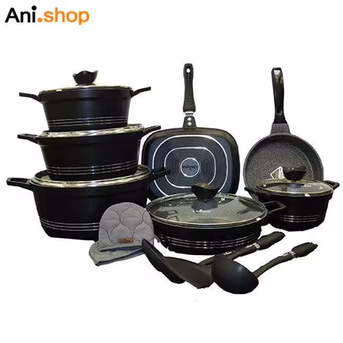 سرویس قابلمه 16 پارچه مشکی کلاسیک مدل UN-7701 کد 235