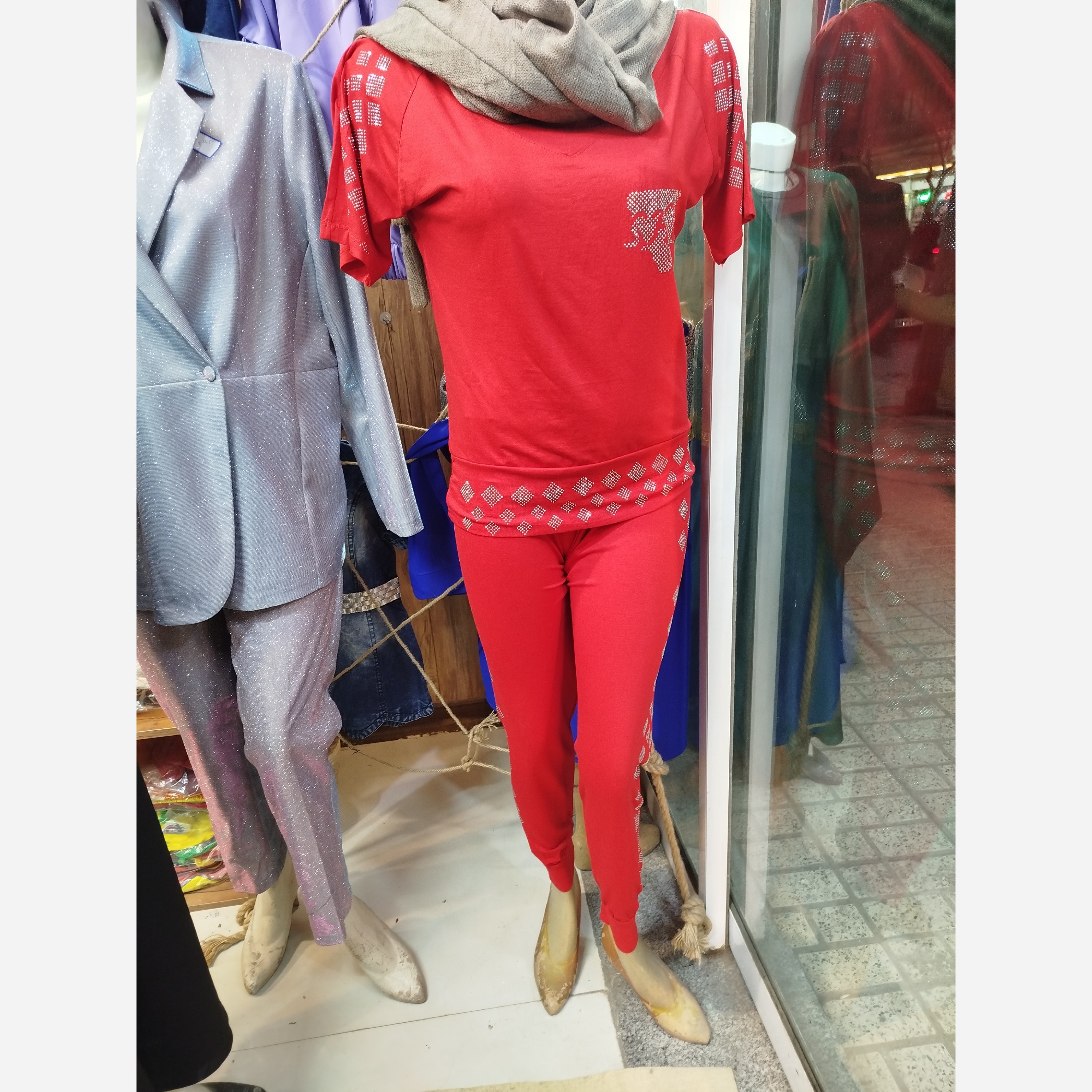 تیشرت شلوار نگینی زنانه رنگ بندی جنس ویسکوز پنبه لاکرا دار