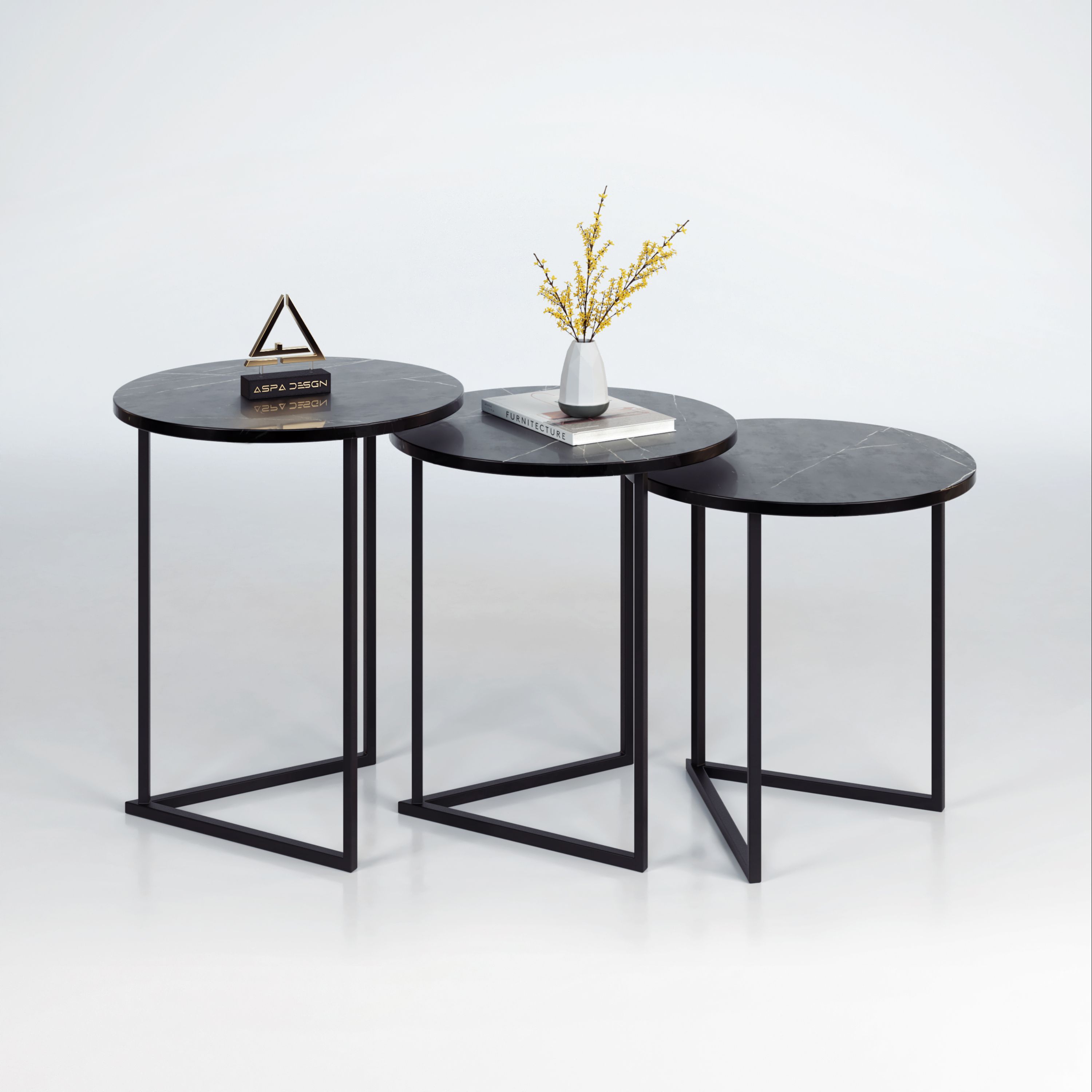 میز عسلی آسپادیزاین مدل A-104 مجموعه 3 عددی مشکی طرح سنگ