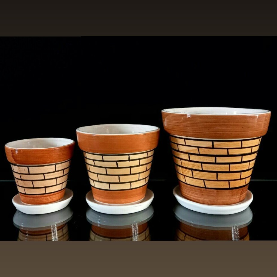 گلدان سرامیکی سطلی طرح آجری سری3تایی همراه زیرگلدانی