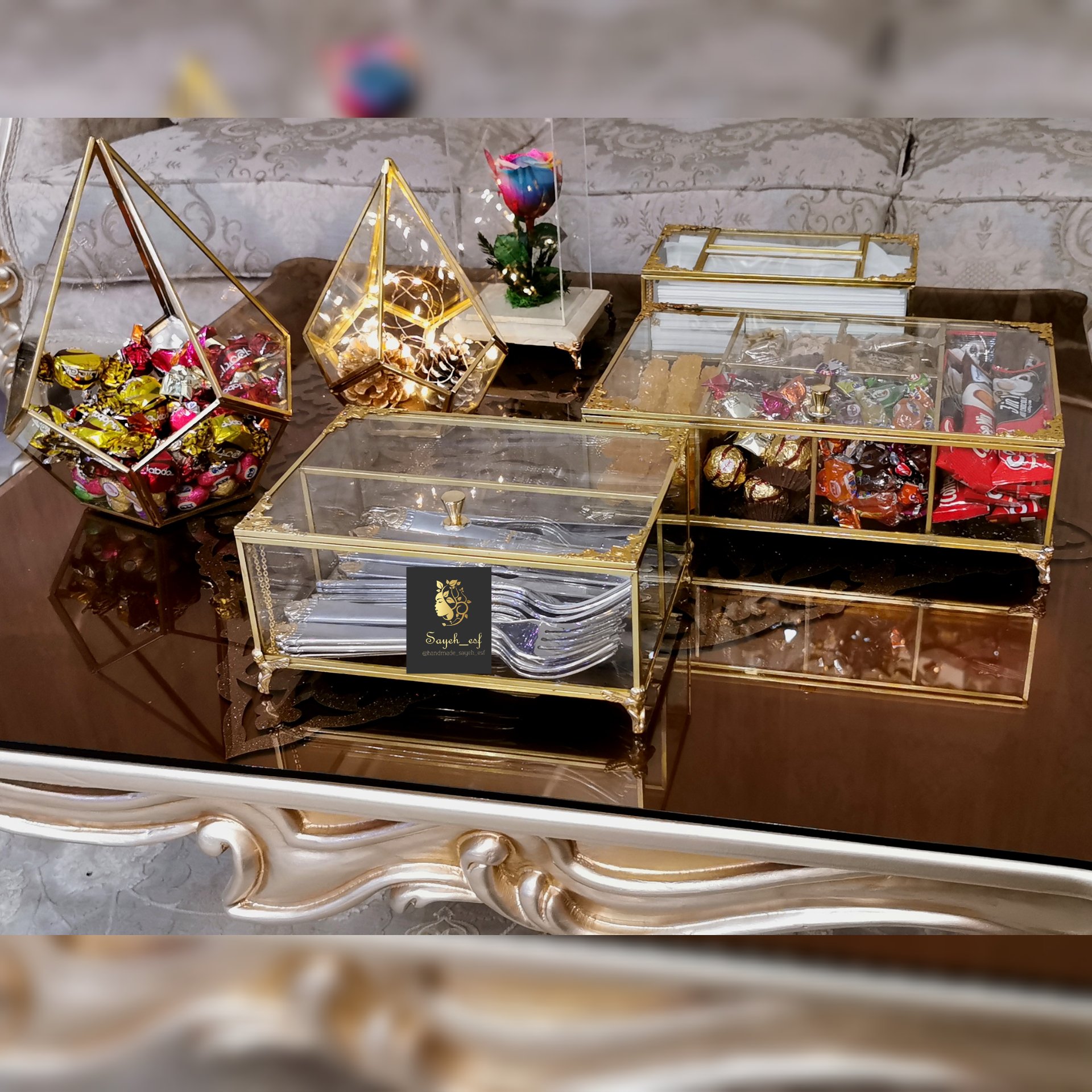 جای کارد و چنگال شیشه برنجی