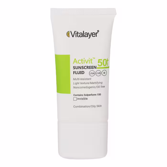 فلوئید ضدآفتاب بی رنگ ویتالیر SPF 50 مدل Activit با حجم 50 میلی لیتر