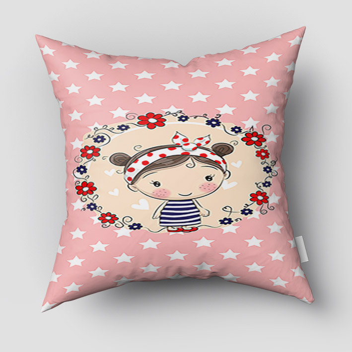 کوسن کودکانه طرح کارتونی بچه کوچولو با زمینه صورتی خال خالی PK-4570