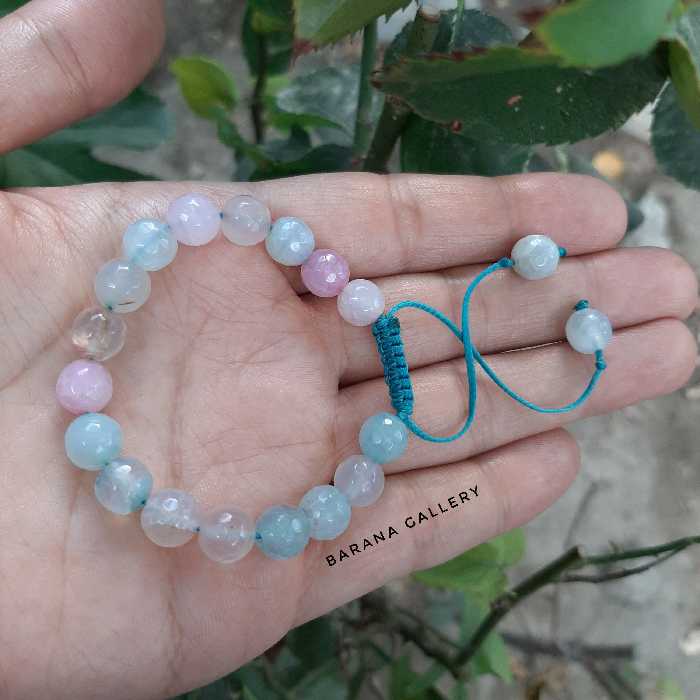 دستبندتمام سنگ عقیق تراشدار صورتی آبی