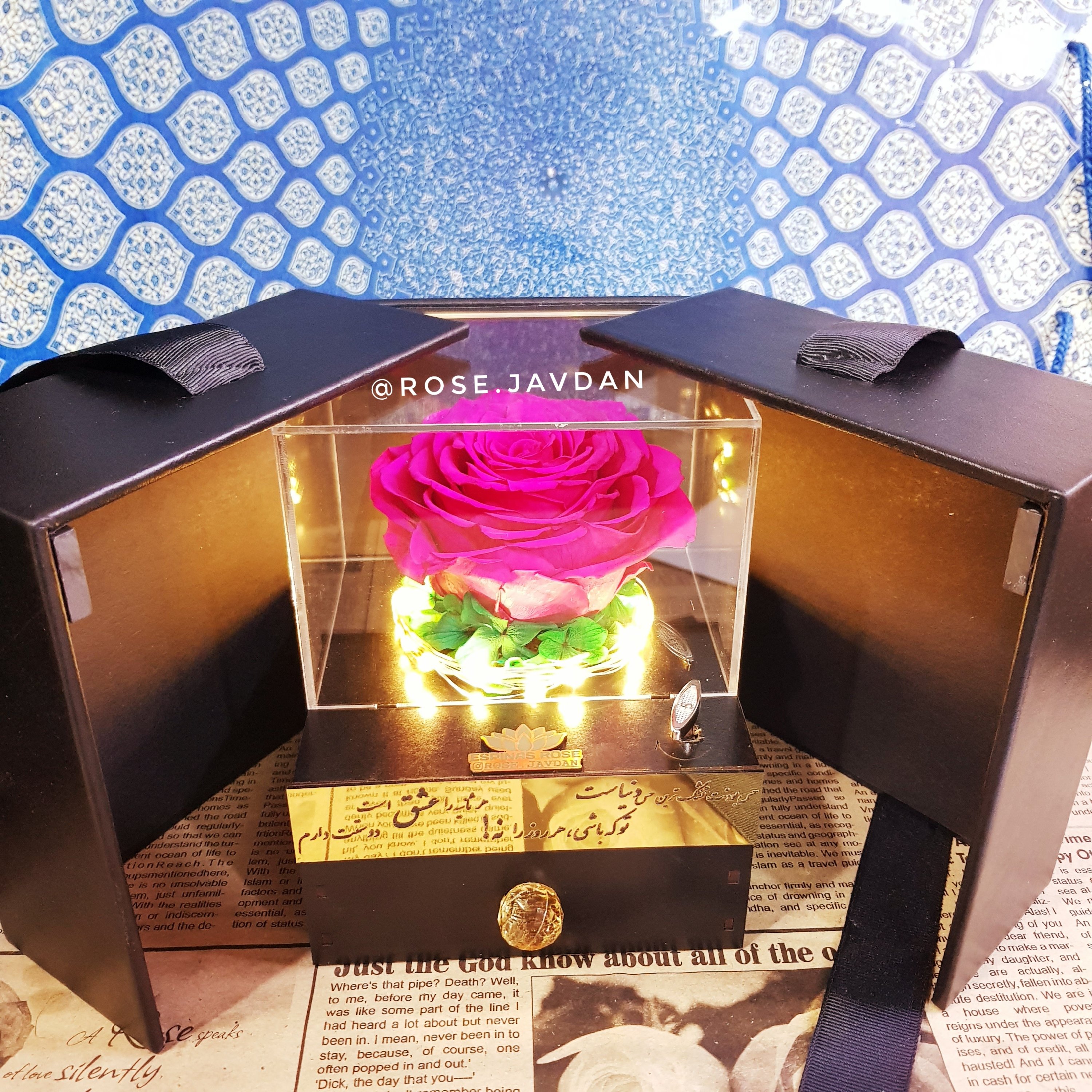 گل رز جاودان همراه باکس موزیکال و ریسه
