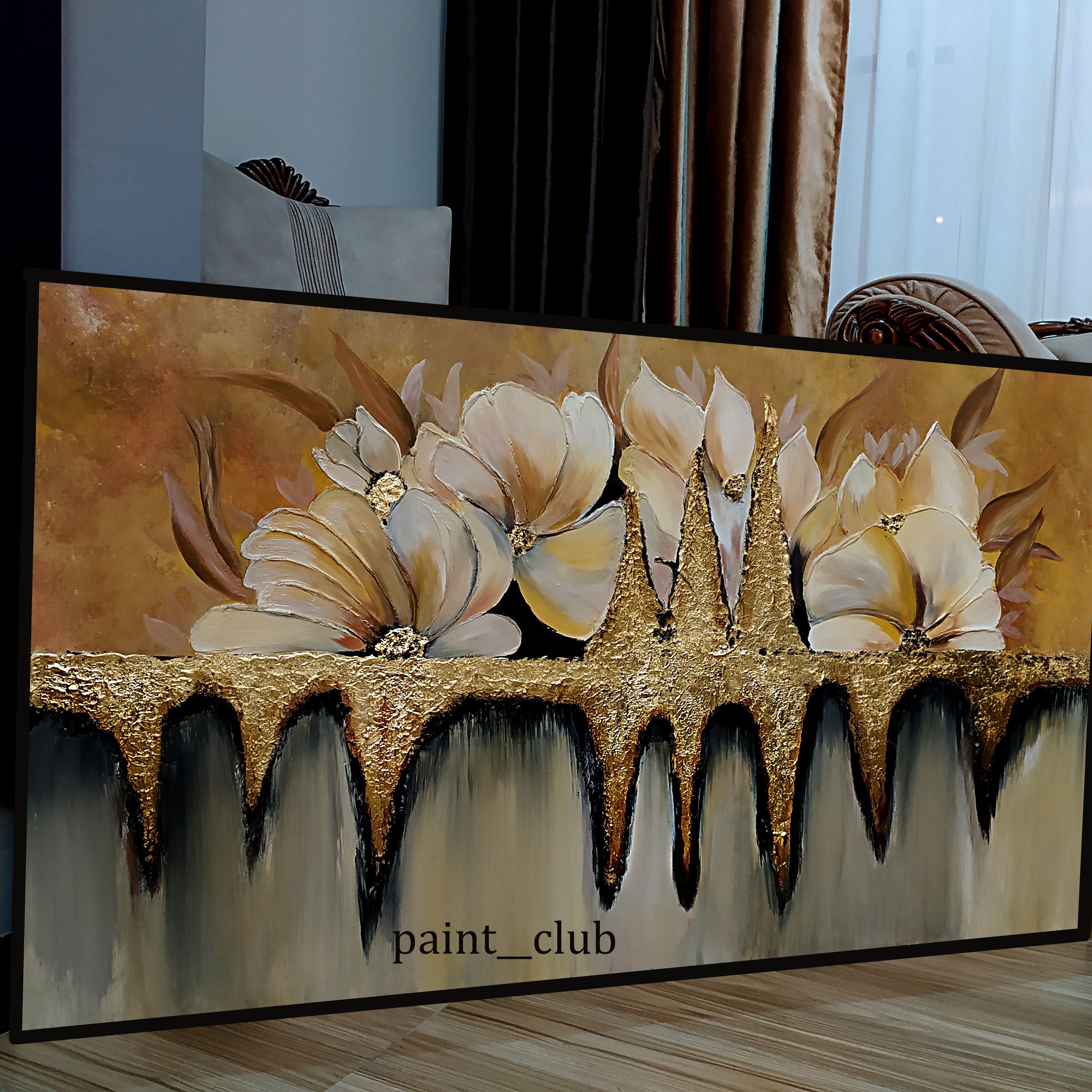 تابلو دکوراتیو گل برجسته با  ورق طلا