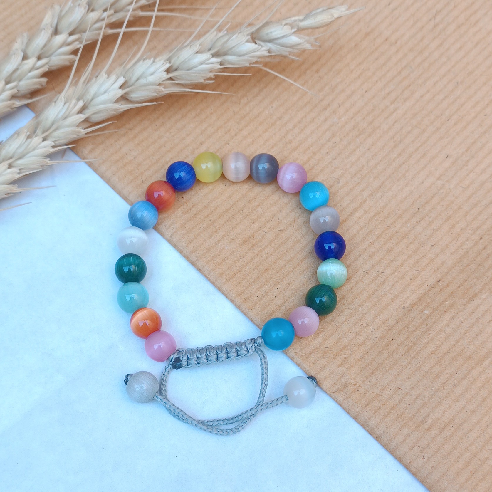 دستبند سنگ چشم گربه با کیفیت عالی با گره کشویی  قابل تظیم