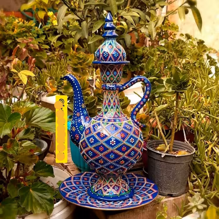 ظرف سفالی دکوراتیو آفتابه لگن2(گلاب پاش) دو تکه نقطه کوبی شده سایز بشقاب30سانت