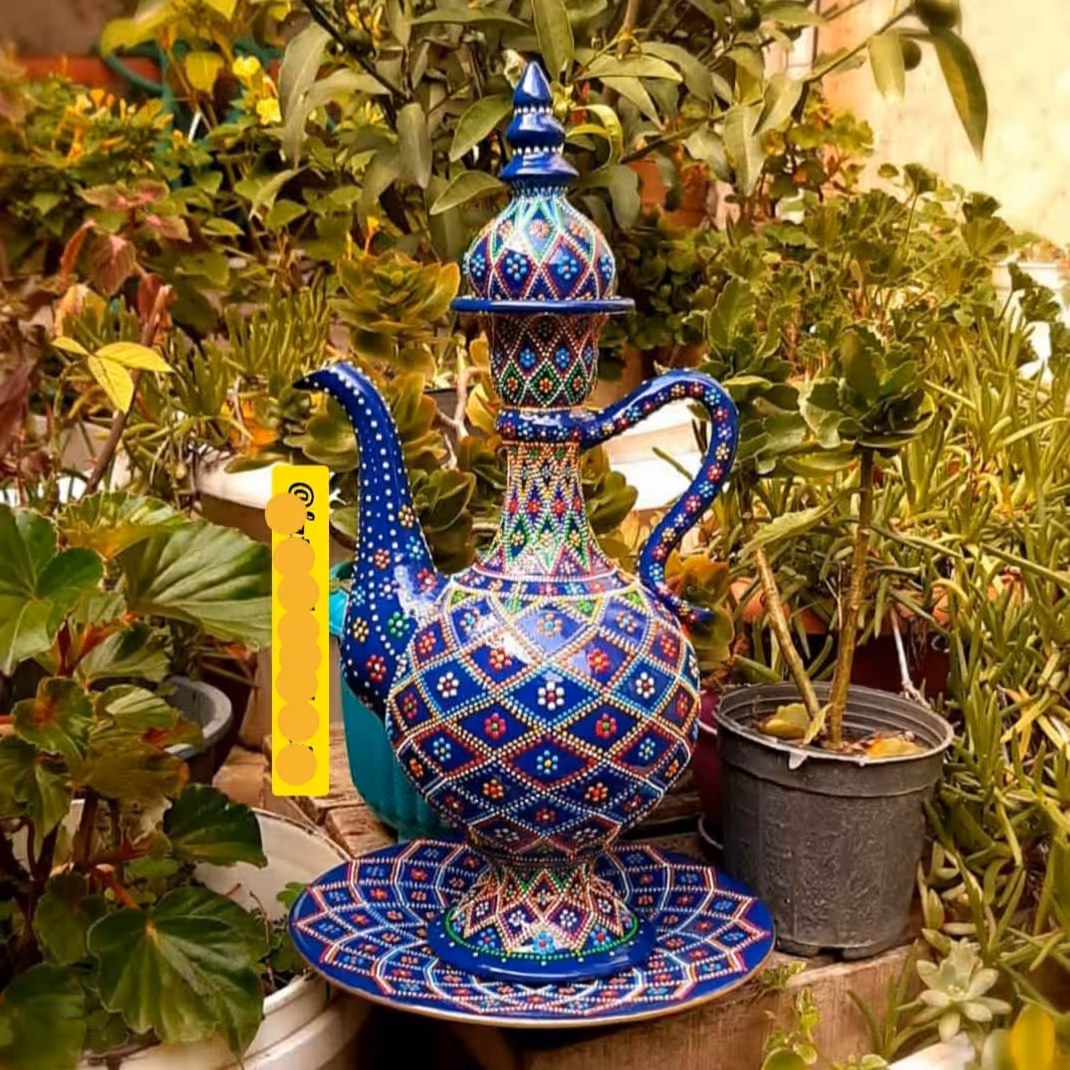 ظرف سفالی دکوراتیو آفتابه لگن2(گلاب پاش) دو تکه نقطه کوبی شده سایز بشقاب30سانت