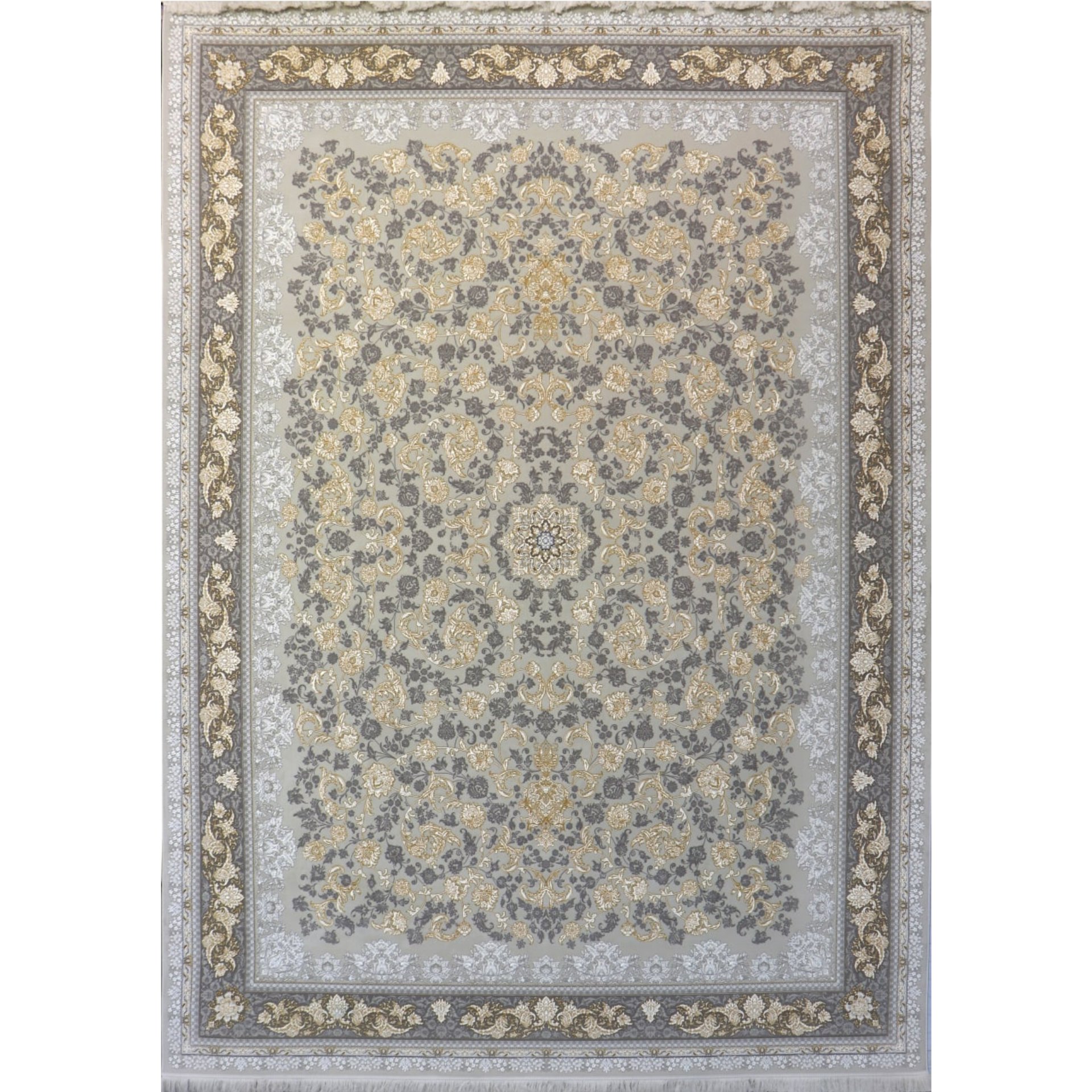 فرش  اکرلیک  12 متری 1200 شانه گلبرجسته طلاکوب طرح ترمه رنگ کرم