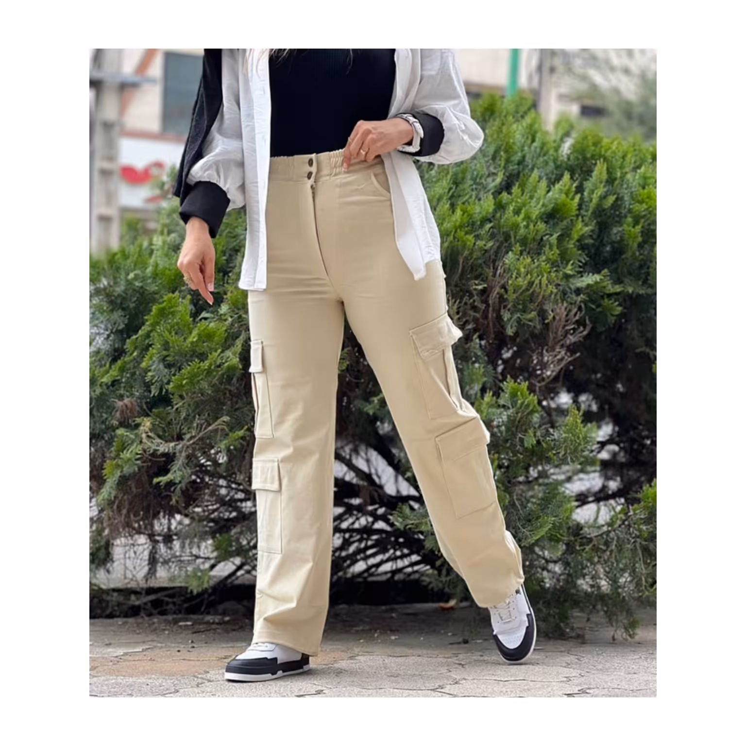 شلواربگ کارگو کتان کش کرم سایز بندی از 36تا48