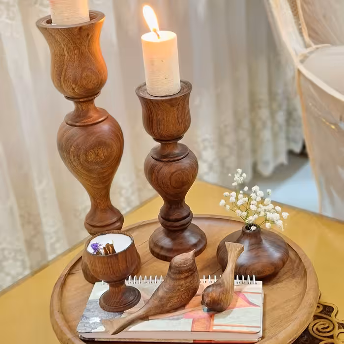 شمعدان چوبی ، ست  کامل چوبی, دو عدد شمعدان، گلدان ، دو عدد گنجشک ، شمع کاسه چوبی و رایزر  